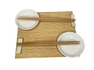 Kit Sushi E Molheira Com 7 Peças Em Bambu E Cerâmica Branco